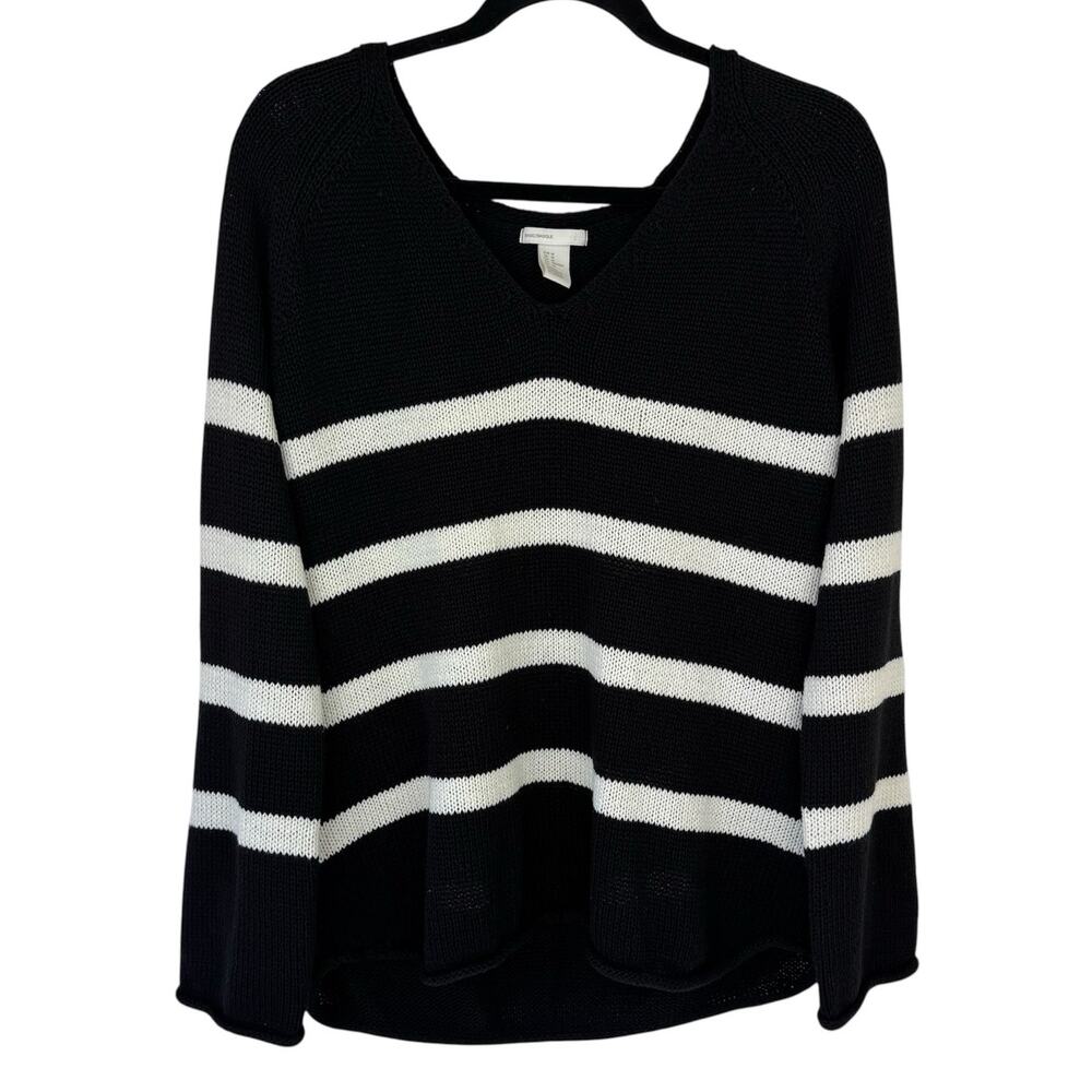 H&M Knit V-Neck Pullover Sweater Black w/White Stripes Sz Medium